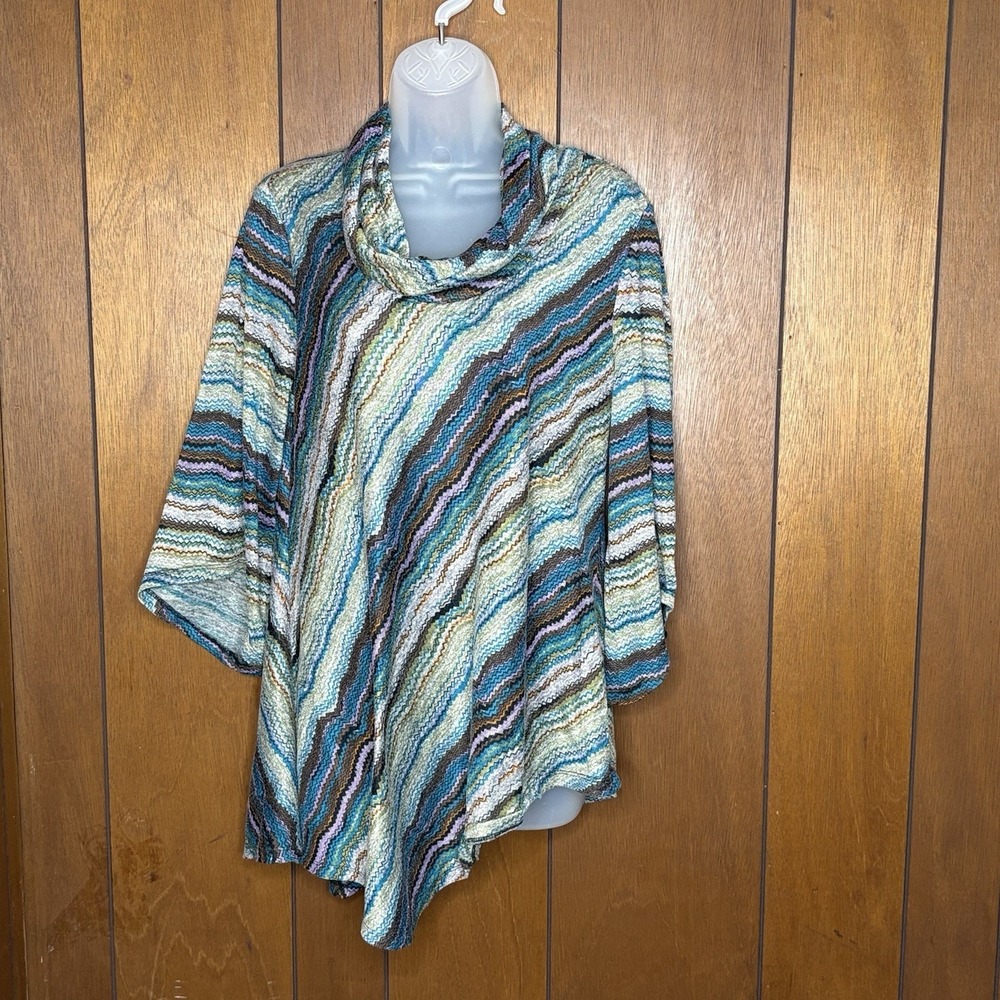 New Directions Top XL Multicolor Wave Stripe‎ Cowl Neck Bell Sleeve Boho Artsy